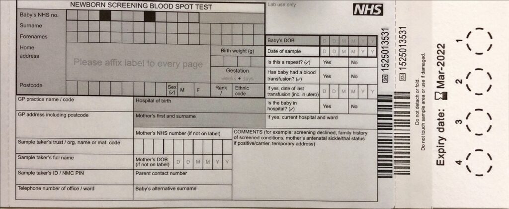 Neonatal blood spot card
