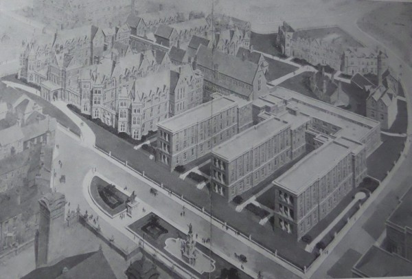 black and white aerial photograph of Leeds Infirmary.