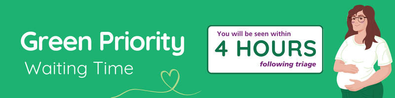 Green image with illustration of patient. Green priority waiting time. You will be seen within 4 hours following triage.