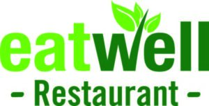 Logo with text eat well restaurant, image of leaf