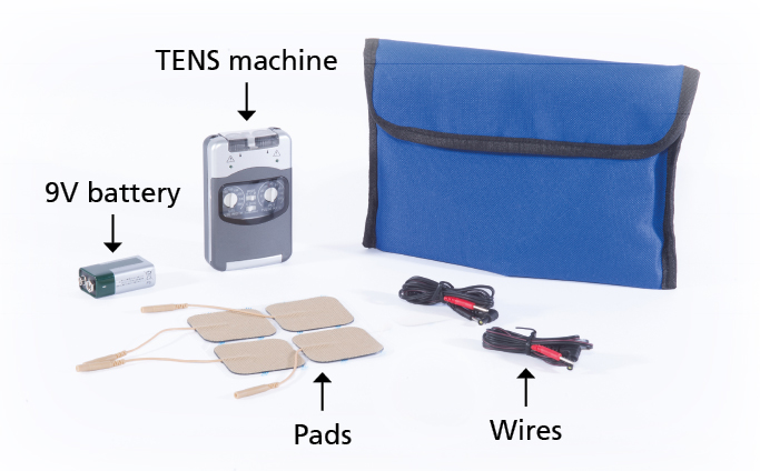 Photograph of a tens machine, 9v battery, pads and wires