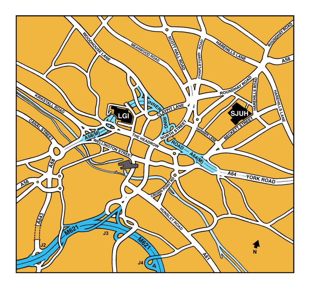 Map of Leeds showing St James's Hospital and the Leeds General Infirmary