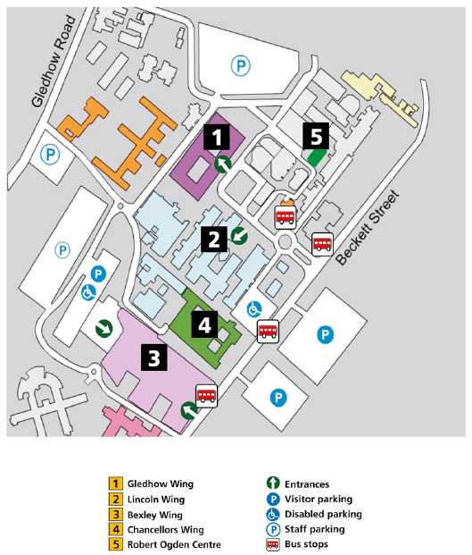 Map of St James's Hospital with a key showing Gledhow Wing, Lincoln Wing, Bexley Wing, Chancellors Wing and Robert Ogden Centre