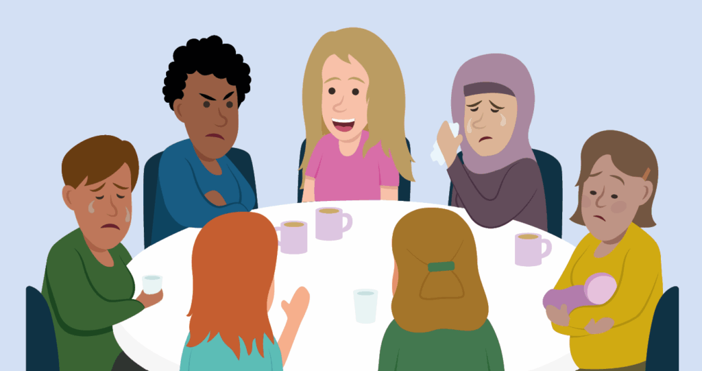 Group of mums talking together, some are upset, some angry