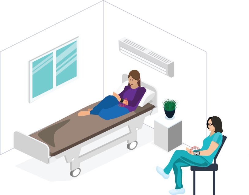 Illustration of a relative watching a patient lying in a hospital bed
