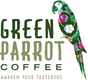 text green parrot coffee with image of parrot stood next to text