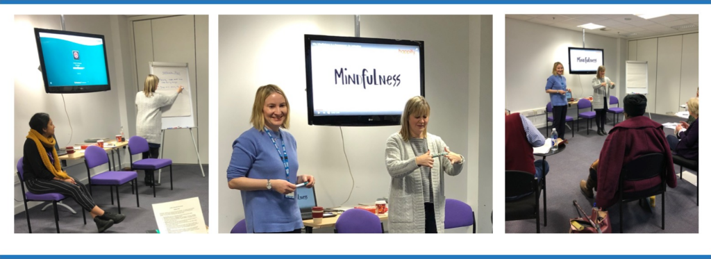 Three photos showing a mindfulness seminar, with clinicians presenting to patients who are sat taking notes.