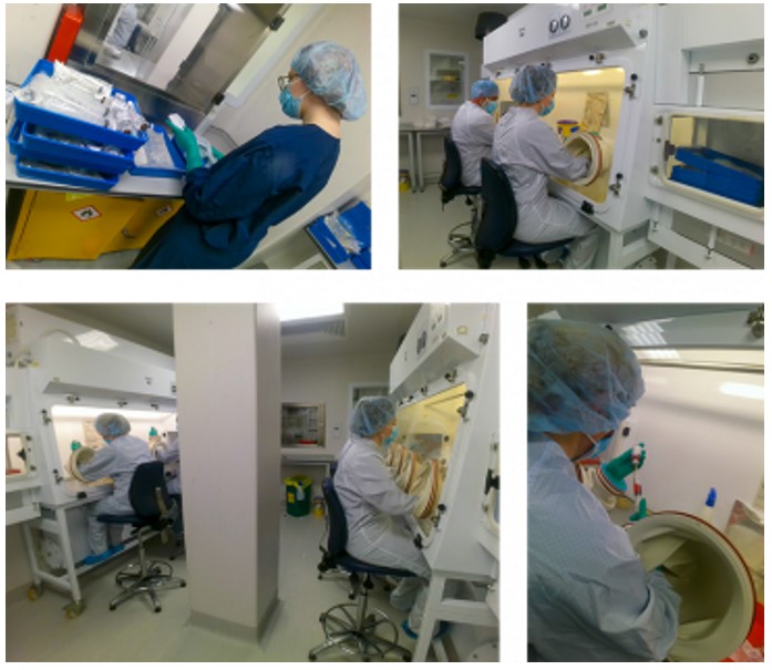 Series of images showing cancer treatment being mad up in a lab environment