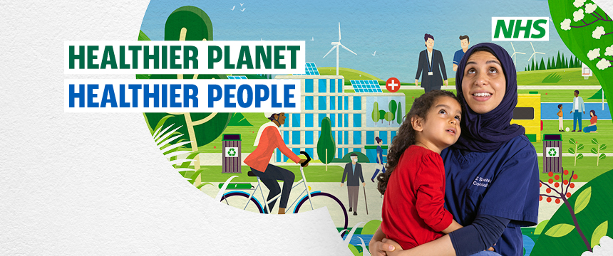 Colourful graphic with a hospital, a cyclist, solar panels and a parent and child smiling. 