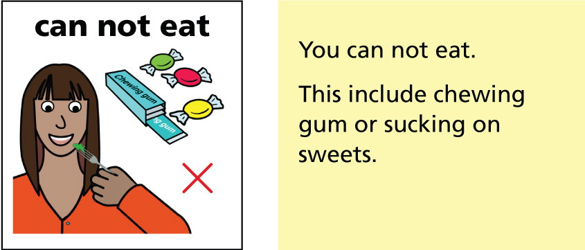 You can not eat. This include chewing gum or sucking on sweets.