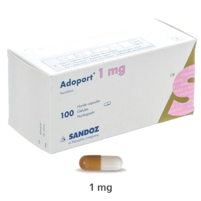 An Image showing the box and a capsule for 1 mg Adoport (Tacrolimus)