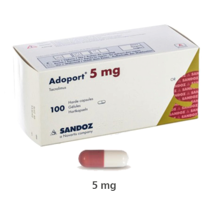 An Image showing the box and a capsule for 5 mg Adoport (Tacrolimus)