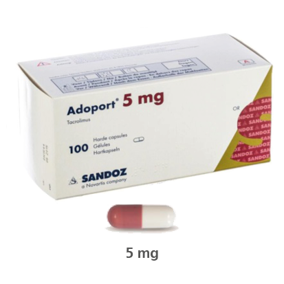 An Image showing the box and a capsule for 5 mg Adoport (Tacrolimus)