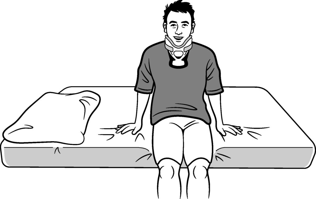 An illustration showing a person with their legs over the side of the bed and pushing up with their arms.