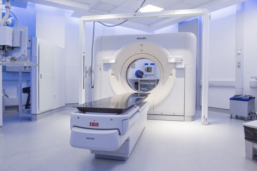 Photograph of a CT scanner.
