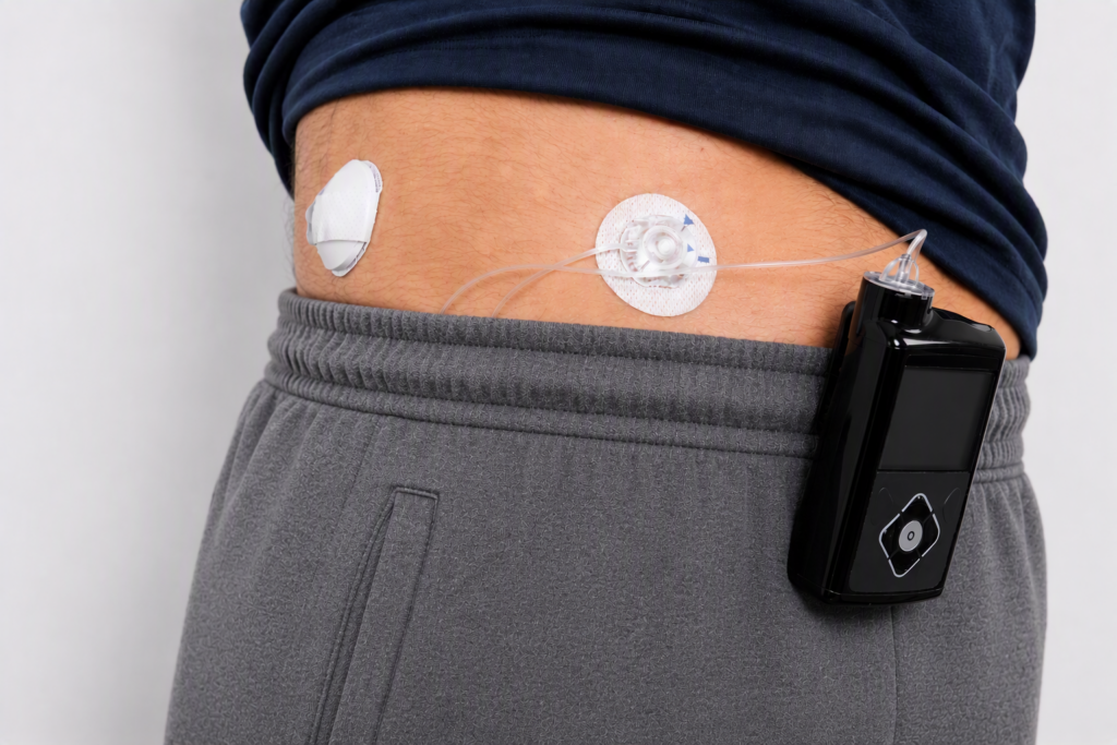 A person wearing grey pants and a dark shirt has a medical insulin pump attached to their waist with an adhesive patch connected by tubing on their abdomen and a continuous glucose monitor.