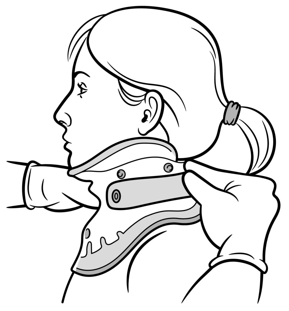 An illustration showing a person fitting the front of the collar.