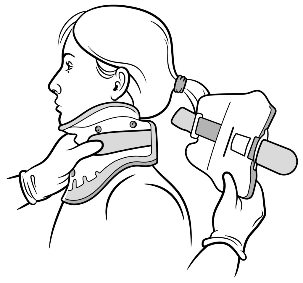 An illustration showing a person fitting the back of the collar.