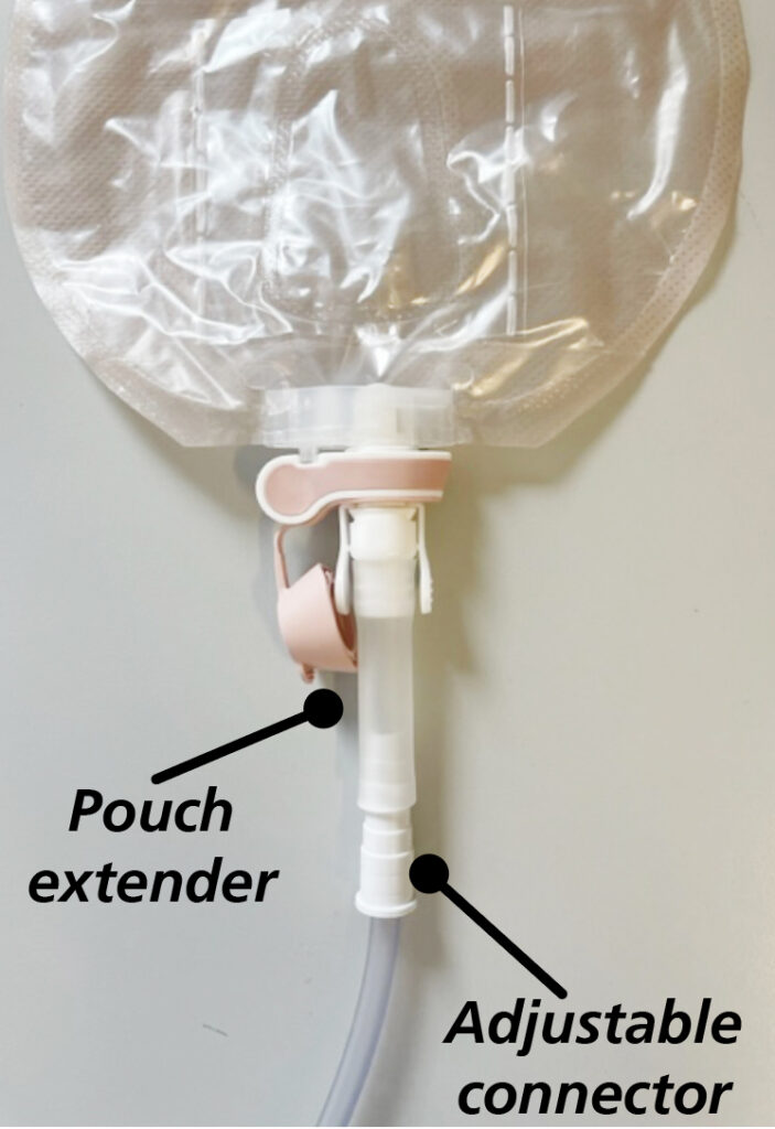 Image of a Nephrostomy pouch connector showing the extender and connector.
