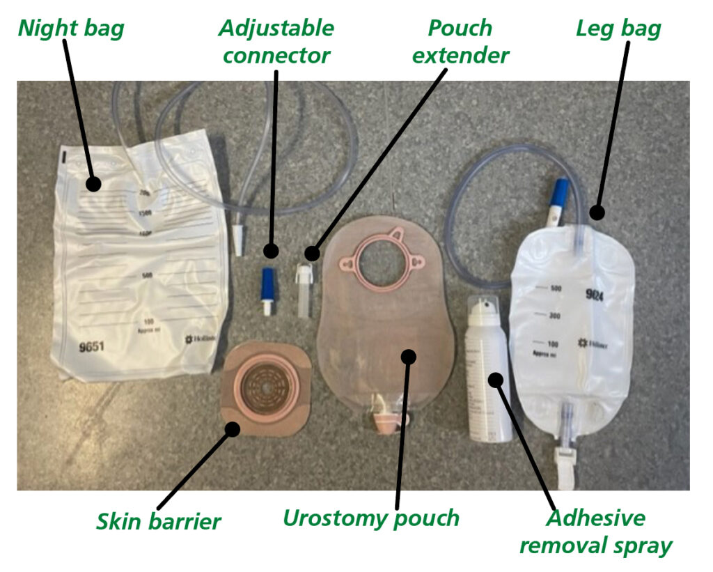 Supplies for your nephrostomy, showing night bag, adjustable connector, pouch extender, leg bag, skin barrier, urostomy pouch and adhesive removal spray