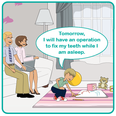 Illustration of a child playing on the floor with parents sat on a sofa. Tomorrow, I will have an operation to fix my teeth while I am asleep