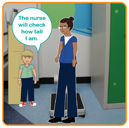 Illustration of a child by a height chart with a nurse. The nurse will check how tall I am