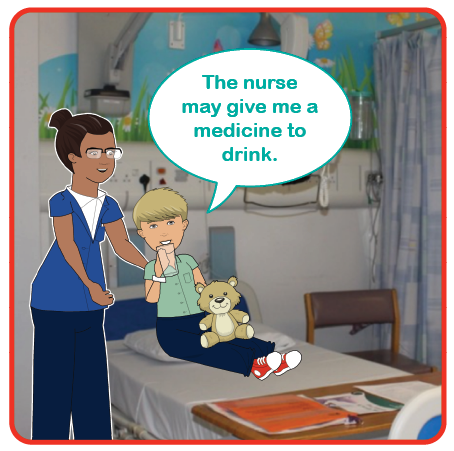 Illustration of a child drinking in bed with a nurse. The nurse may give me a medicine to drink