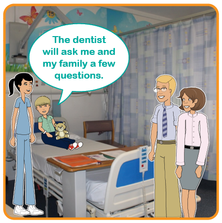 Illustration of a child in bed with a dentist and parents talking to them. The dentist will ask me and my family a few questions