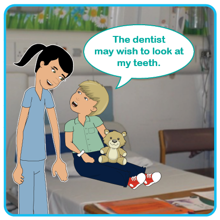 Illustration of a child in bed with a dentist looking at their teeth. The dentist may wish to look at my teeth