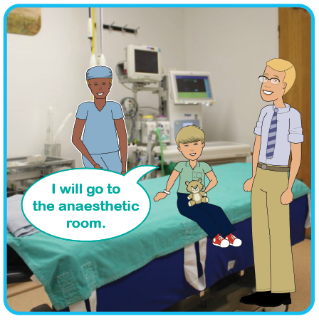 Illustration of a child sat on a theatre bed with the anaesthetist and parent with them. I will go to the anaesthetic room