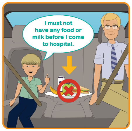 Illustration of a child sat in a car with a parent and food with a cross through it. I must not have any food or milk before I come to hospital