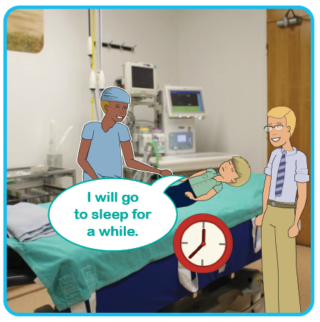 Illustration of a child lying on a theatre bed with the anaesthetist and parent with them and a clock. I will go to sleep for a while