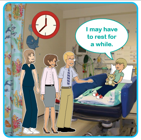 Illustration of a child lying on a bed with the dentist and parents with them and a clock. I may have a rest for a while