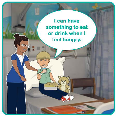 Illustration of a child drinking water lying on a bed with a nurse. I can have something to eat or drink when I feel hungry