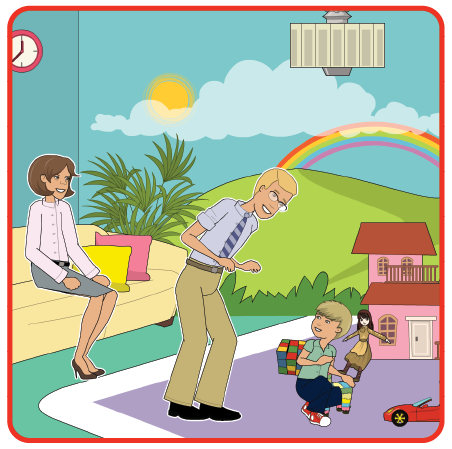 Illustration of a child playing on the floor with parents with them