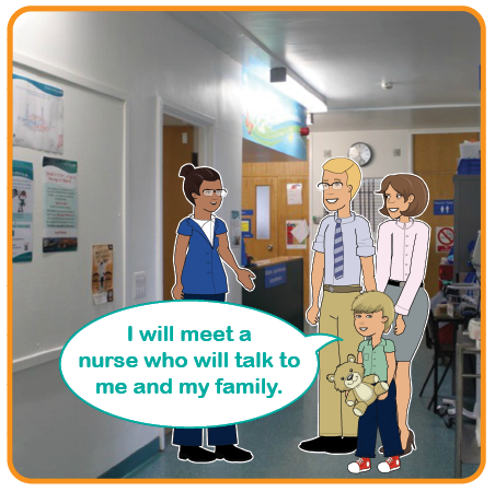 Illustration of a child with parents talking to a nurse. I will meet a nurse who will talk to me and my family