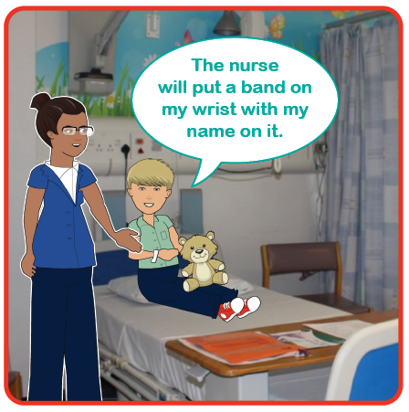 Illustration of a child in bed with a nurse. The nurse will put a band on my wrist with my name on it