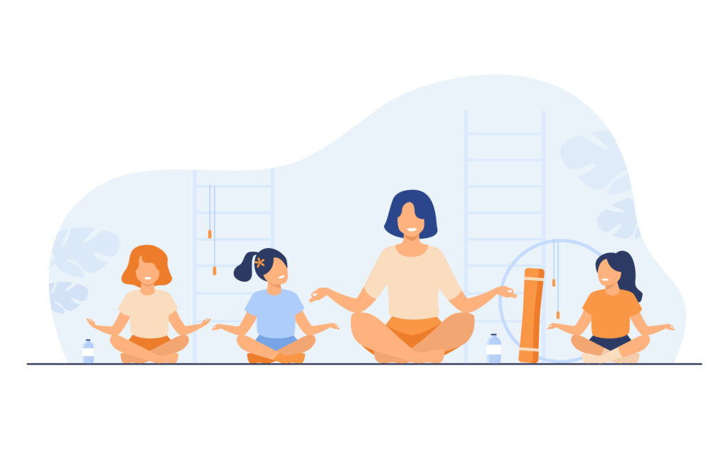 Teacher and kids sitting in yoga pose isolated flat vector illustration. Cartoon instructor and children doing exercise in gym. Healthy lifestyle, sport and interior concept.