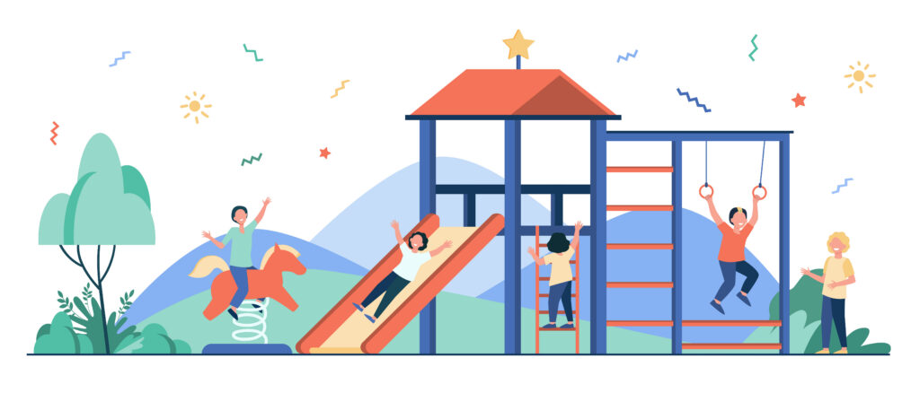 Happy children playing on playground with friends isolated flat vector illustration. Playful kids having fun, laughing and enjoying life. Childhood, playtime and summer activity concept.