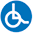 White wheelchair on a blue circular background represents.