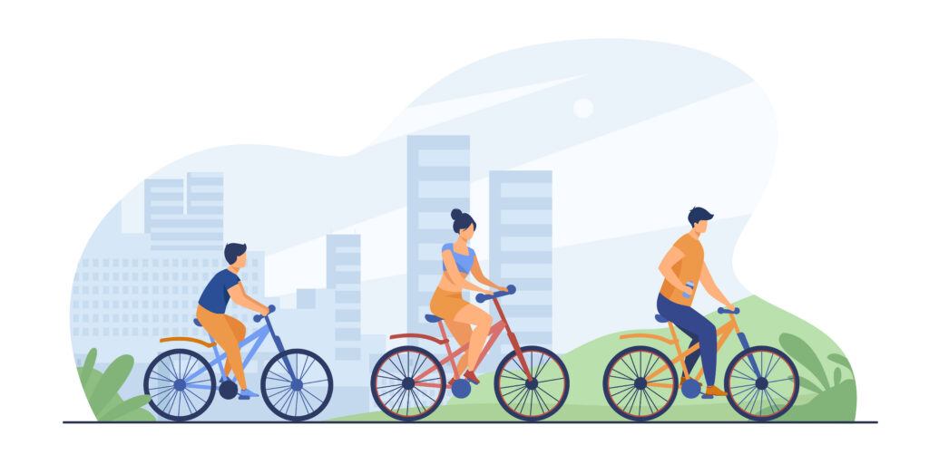Family riding bikes in city park. Young couple with child cycling outdoors. Vector illustration for urban activity, healthy lifestyle, vacation concept