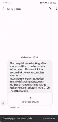 Example of the text message you will receive. The link in the text message goes to our patient eforms website. Every link includes a series of letters and numbers after it which is unique to each patient.