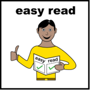 easy read leaflet icon. person smiling holding book