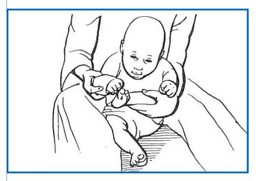 Image of child being supported between parent/carers legs
