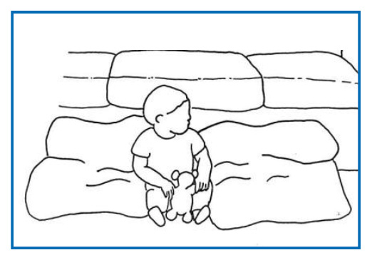 Image of child sitting, propped up with pillows