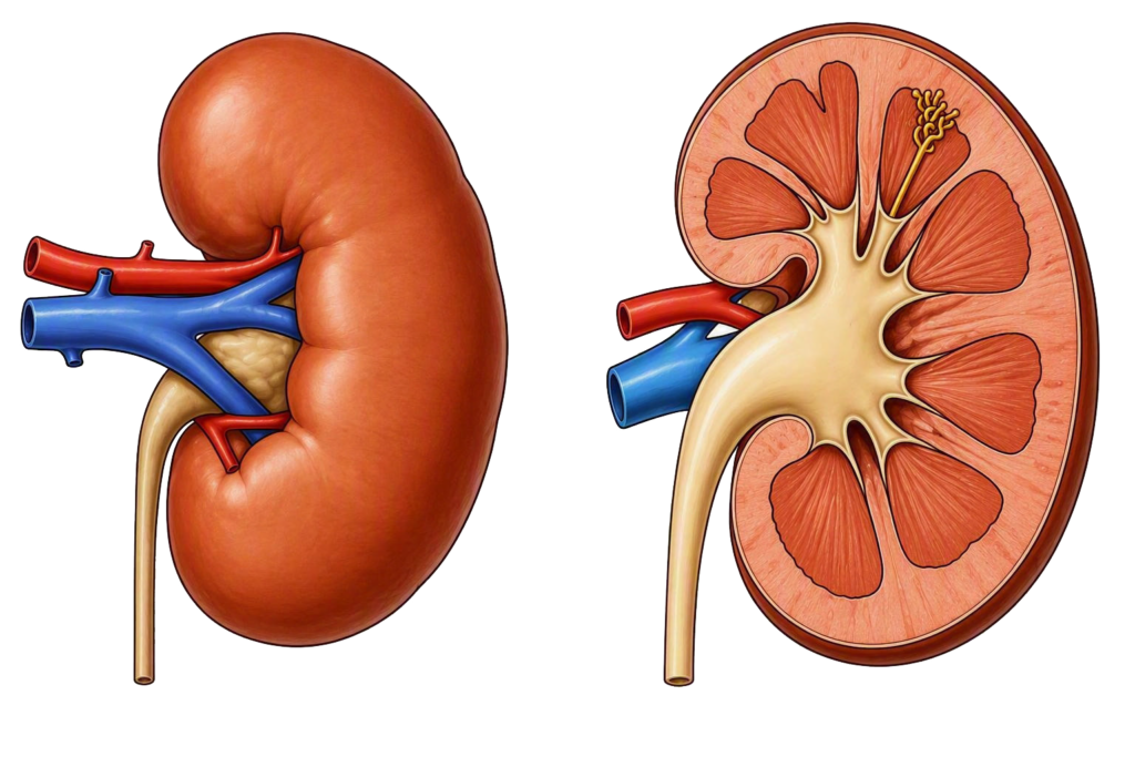 Illustration showing a full and cross sectional view of a kidney.