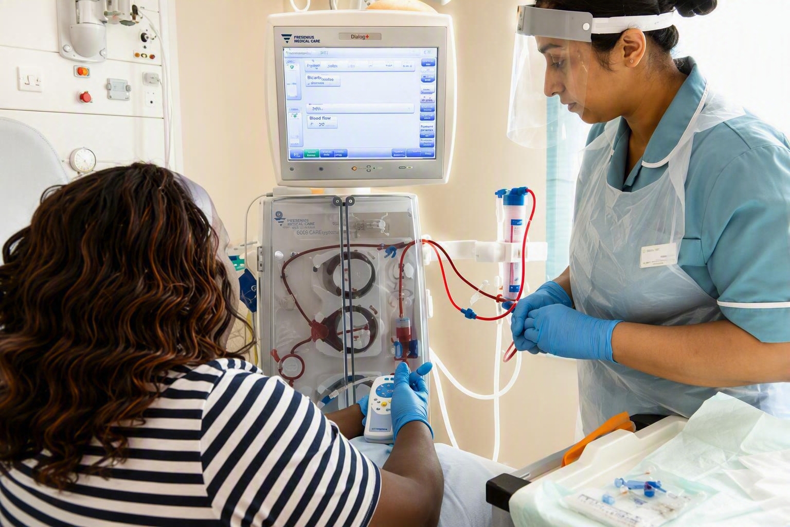 Photograph of a person attached to a haemodialysis machine