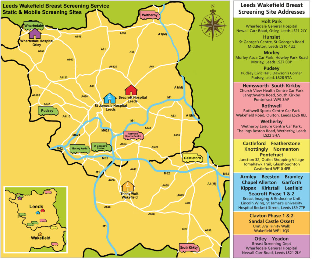 Map showing the Leeds Wakefield Breast Screening Sites