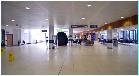 Gledhow Gauntlet outside From J82  - Here you are in the Bexley wing atrium. Feel free to stop for another break here, if you like before heading back to the ward.