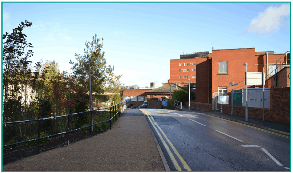 An image of the pavement away from Bexley Wing.